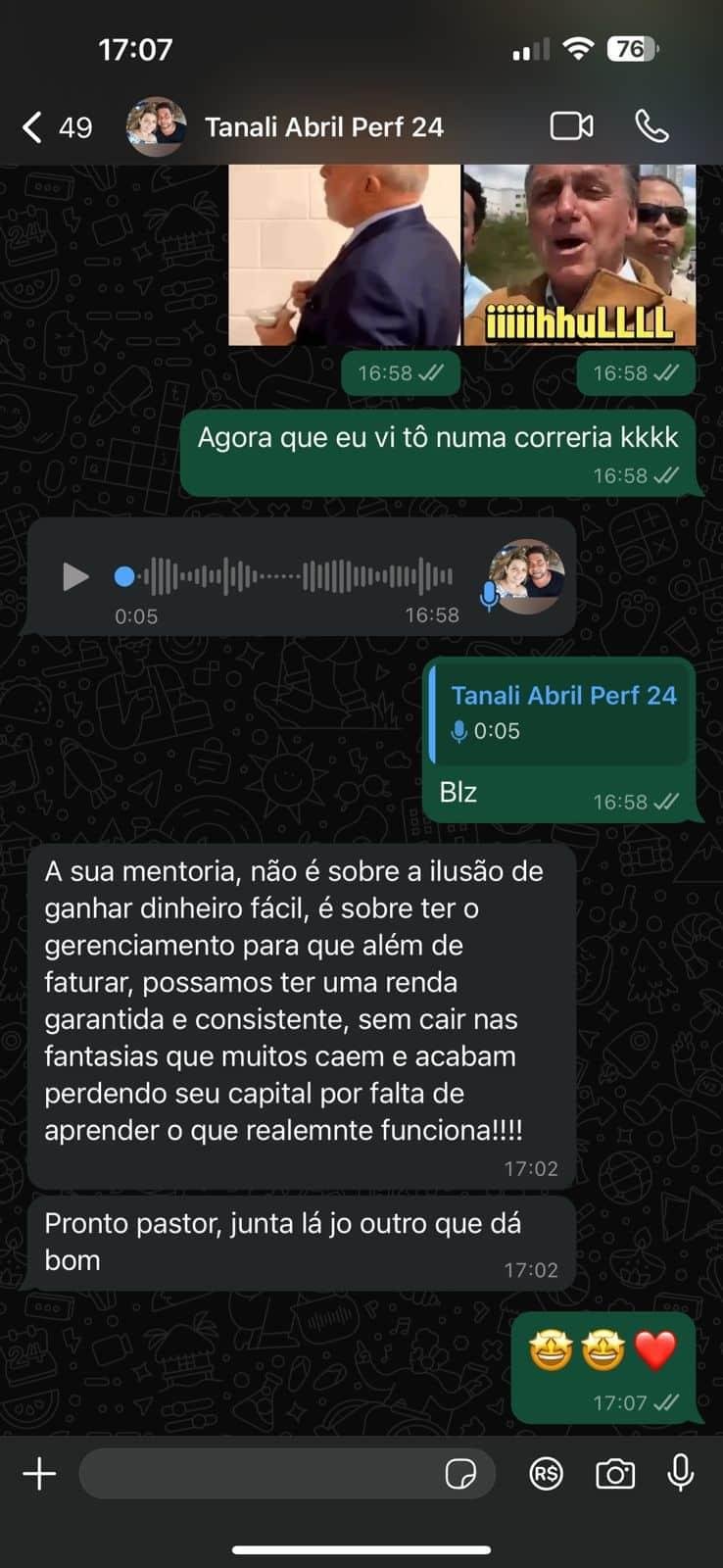 Print de conversa no WhatsApp com depoimento de aluno da Mentoria Performance