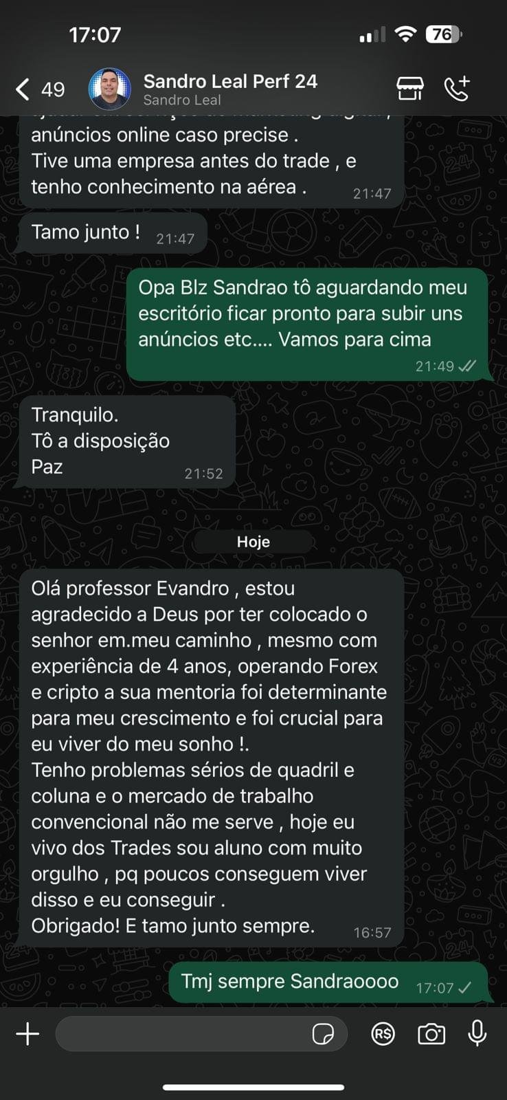 Print de conversa no WhatsApp com depoimento de aluno da Mentoria Performance