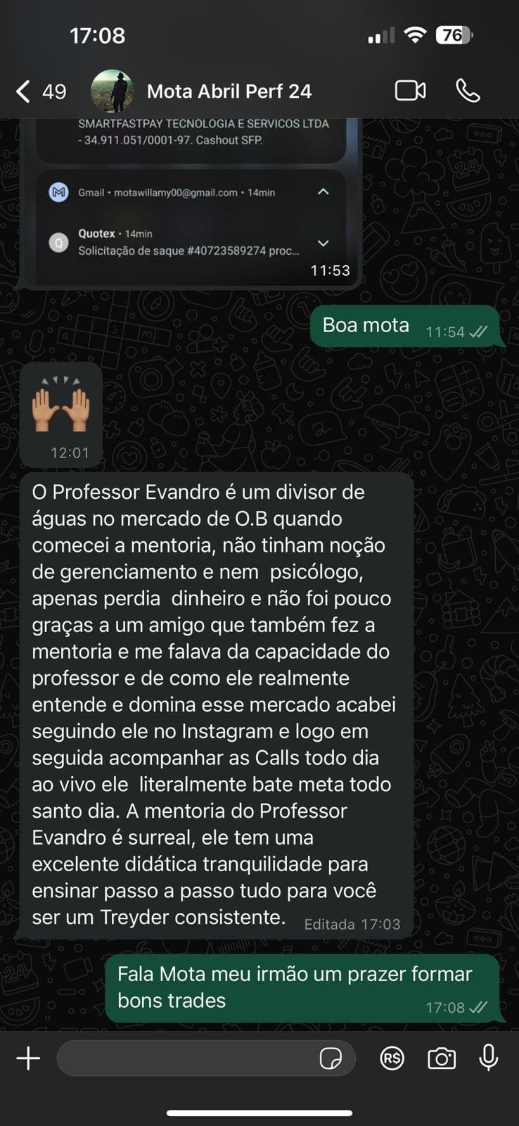 Print de conversa no WhatsApp com depoimento de aluno da Mentoria Performance