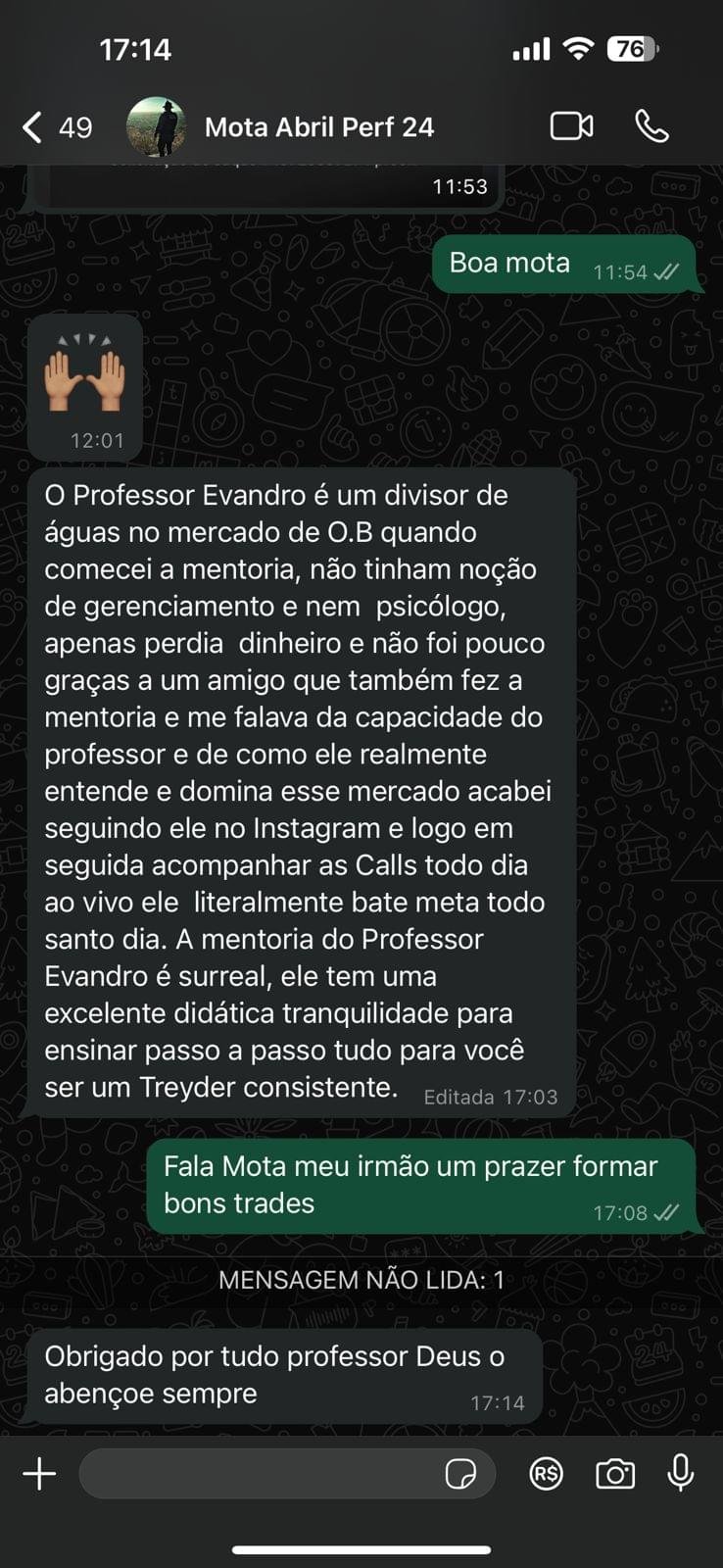 Print de conversa no WhatsApp com depoimento de aluno da Mentoria Performance