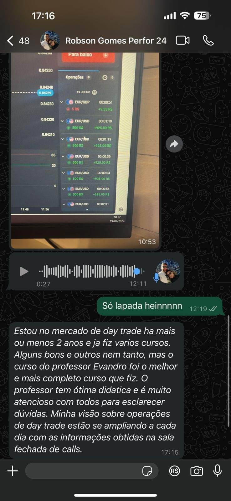 Print de conversa no WhatsApp com depoimento de aluno da Mentoria Performance