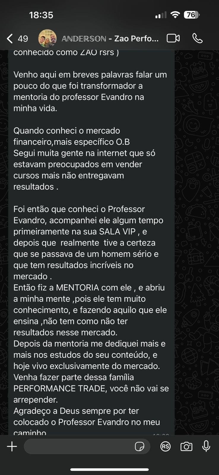 Print de conversa no WhatsApp com depoimento de aluno da Mentoria Performance