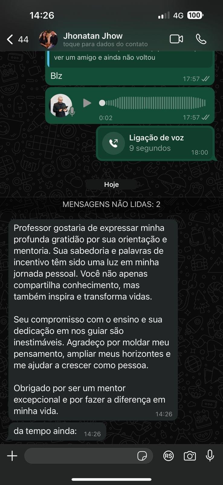 Print de conversa no WhatsApp com depoimento de aluno da Mentoria Performance