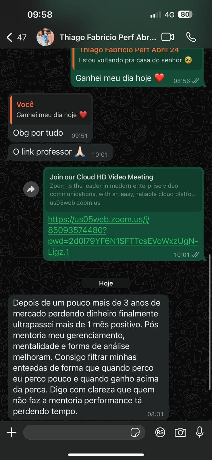 Print de conversa no WhatsApp com depoimento de aluno da Mentoria Performance