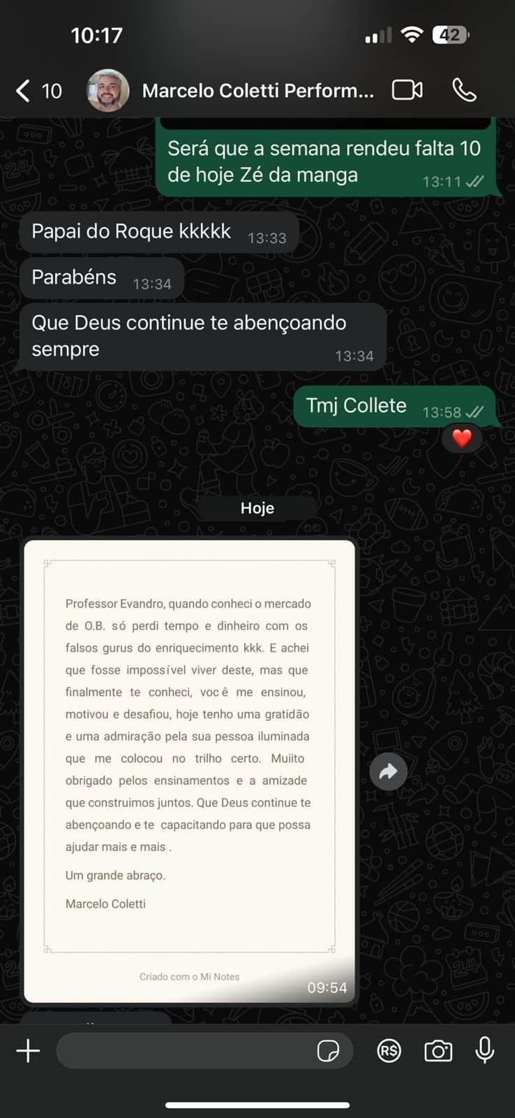 Print de conversa no WhatsApp com depoimento de aluno da Mentoria Performance